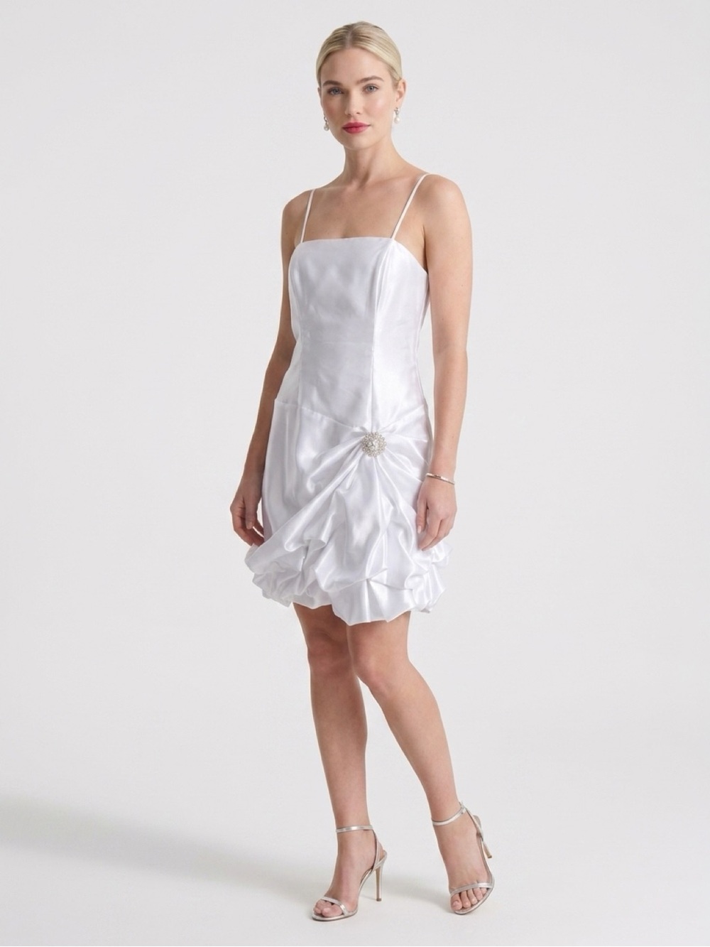 White Satin Spaghetti-Strap Cocktail Dress with Draped Skirt